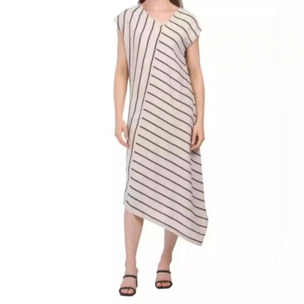 tahari linen blend dress Tahari Linen Blend Midi Dress Size XL Black White Polka Dot Button Front